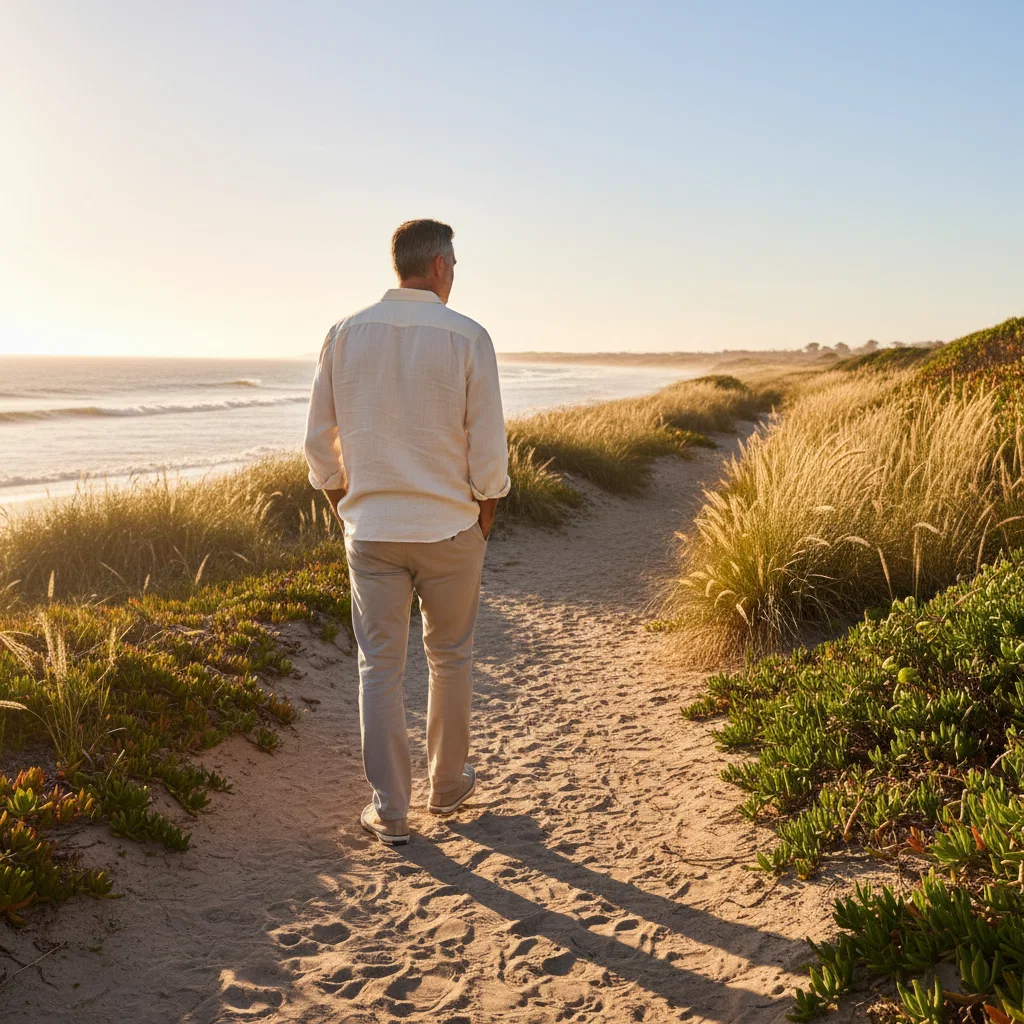 Man from behind walking along a sunny coastal path - active ageing men's health vitamins Australia